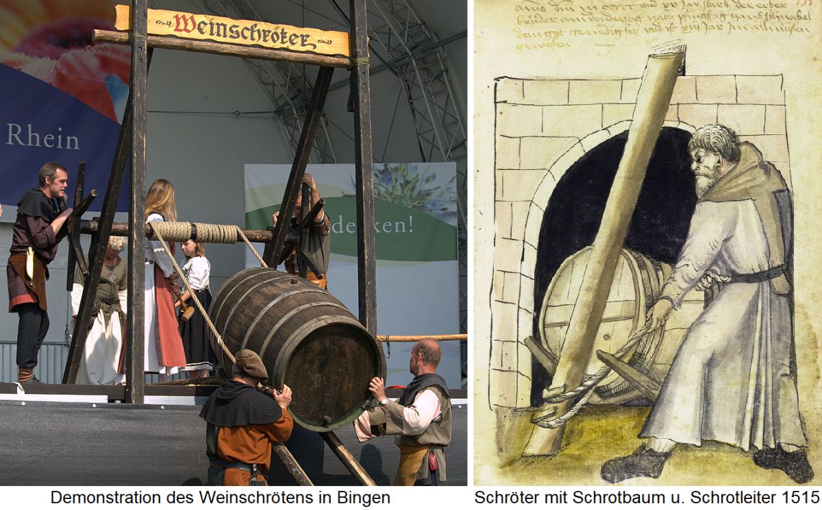 Demonstration des Schrötens in Bingen / Schröter mit Schrotbaum und Schrotleiter 1515