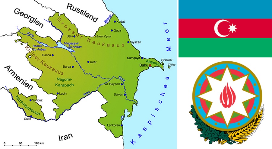 Aserbaidschan - Landkarte, Flagge, Symbol
