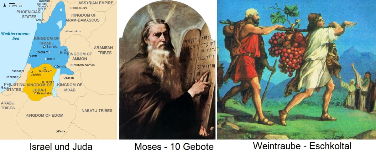 Bibel - Karte Israel und Juda, Moses mit Gebotstafeln, Riesenweintraube Eschkoltal
