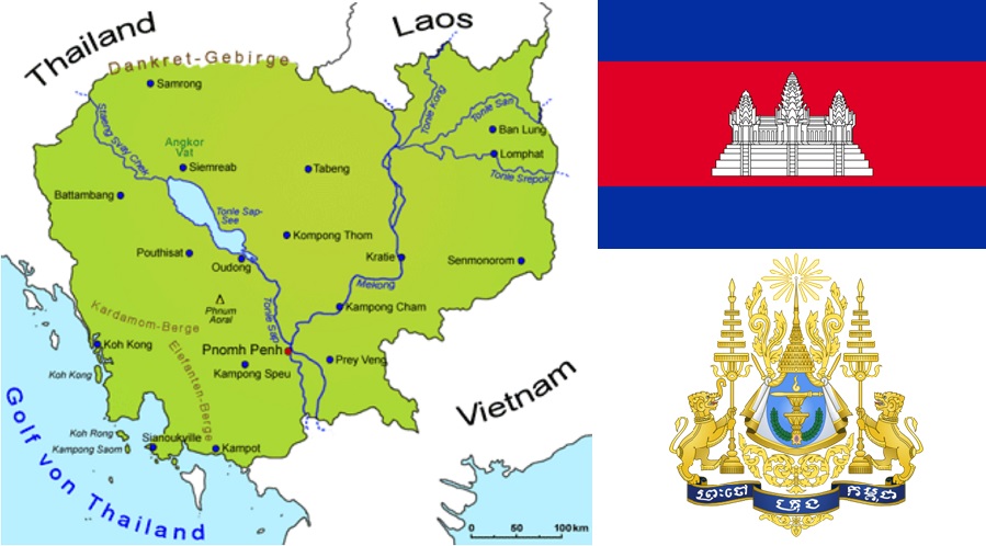 Kambodscha - Landkarte, Flagge und Wappen