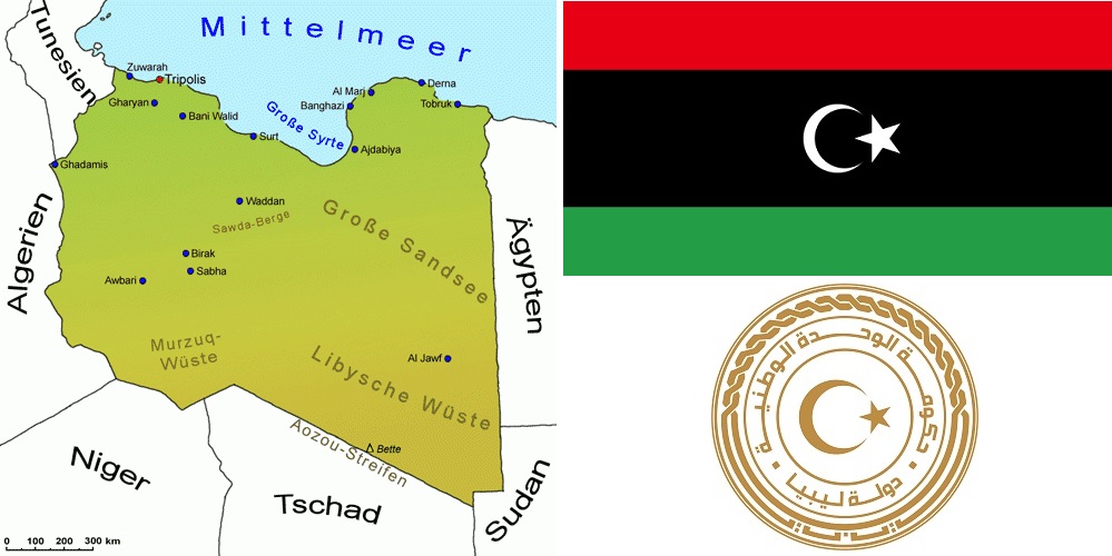 Libyen - Landkarte, Flagge, Wappen