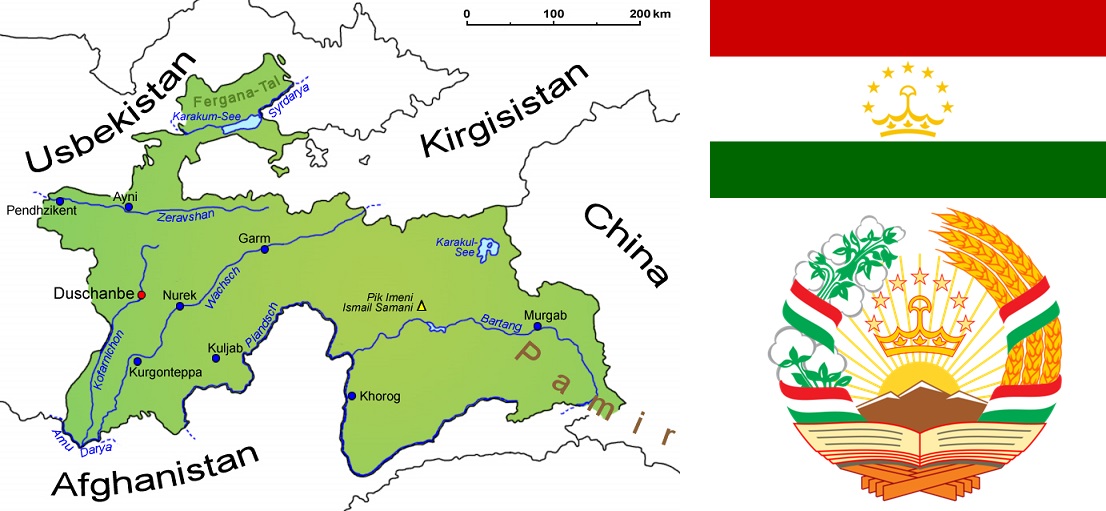 Tadschikistan - Landkarte, Flagge und Wappen