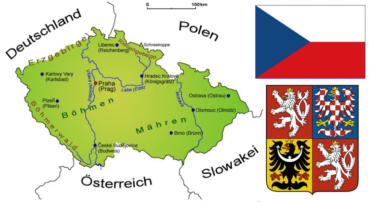 Tschechien - Landkarte, Flagge und Wappen