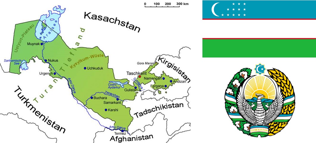 Usbekistan - Landkarte, Flagge, Wappen